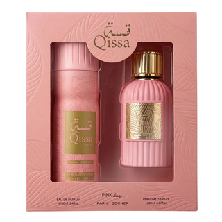 Set Paris Corner: Qissa Pink, eau de parfum, da donna, 100 ml + Qissa Pink, deodorante spray, da donna, 200 ml