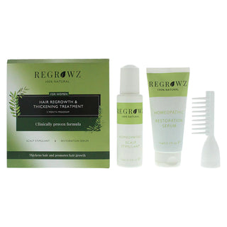 Set Regrowz: siero omeopatico per il cuoio capelluto rigenerante 75 ml + crema omeopatica per il cuoio capelluto idratante e protettivo 75 ml + mini spazzola per capelli omeopatica bianca
