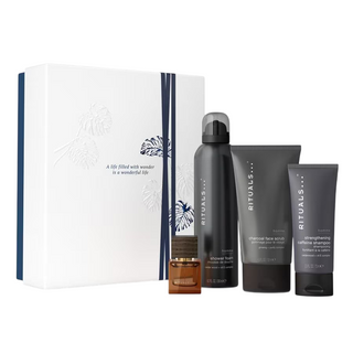 Set Rituals: L'Essentiel, Eau De Parfum, da uomo, 50 ml + Homme, Caffeina, Shampoo per capelli, Per rinforzare, 70 ml + Homme, Carbone, Elimina impurità, Scrub detergente, Per viso, 125 g + Homme, Tonificante, Mousse doccia, 200 ml