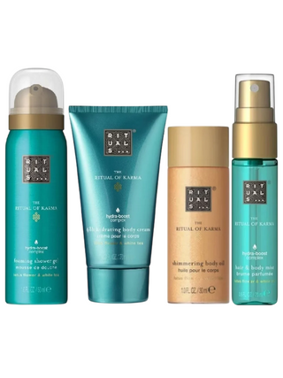 Set Rituals: The Ritual Of Karma, mousse doccia, 50 ml + The Ritual Of Karma, shimmer, olio per il corpo, 30 ml + The Ritual Of Karma, crema corpo idratante, 70 ml + The Ritual Of Karma, spray profumato per capelli, per donna, 20 ml