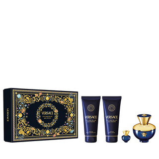 Set Versace: Dylan Blue, Eau De Parfum, da donna, 100 ml + Dylan Blue, lozione corpo idratante, 100 ml + Dylan Blue, gel doccia idratante, 100 ml + Dylan Blue, Eau De Toilette, da uomo, 5 ml