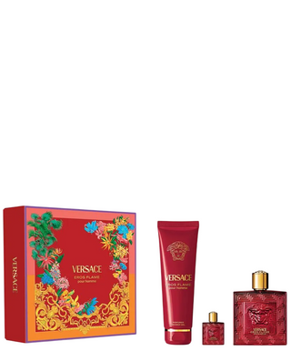Versace Set: Eros Flame, Eau De Parfum, per uomo, 100 ml + Eros Flame, Gel doccia, 150 ml + Eros Flame, Eau De Parfum, per uomo, 5 ml