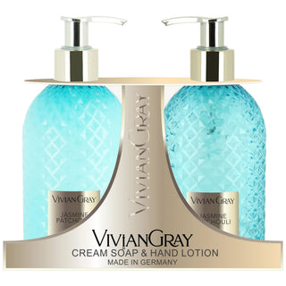 Set Vivian Gray: Sapone liquido detergente Gemstone Jasmine & Patchouli 300 ml + Lozione idratante per le mani Gemstone Jasmine & Patchouli 300 ml