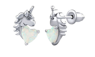 Silvego Esma Unicorn Ohrstecker aus Sterling-Silber mit herzförmigem weißem Opal Dcc22008Eow 