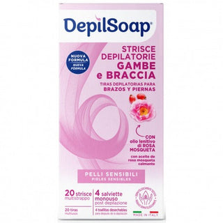 Depilsoap Strisce Depilatorie Gambe E Braccia 20 Strisce + 4 Salviette Post Depilazione Pelli Sensibili