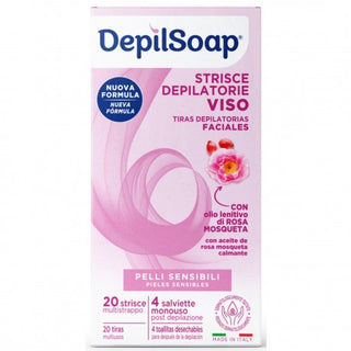 Depilsoap Strisce Depilatorie Viso 20 Strisce + 4 Salviette Post Depilazione Pelli Sensibili