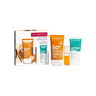 Conjunto Clarins: Clarins Creme Solar Hidratante para o Rosto SPF 50+ 50 ml + Bálsamo Pós-Solar Regenerador 30 ml + Lip Confort Óleo de Lábios 01 7 ml 