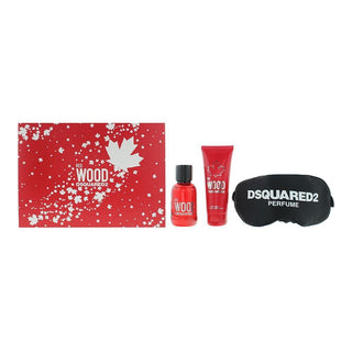 Dsquared 2-sæt: Red Wood Eau De Toilette til kvinder 50 ml + Red Wood 2-i-1 bruse- og shampoo-gel 50 ml + Dsquared universel sort sovemaske 