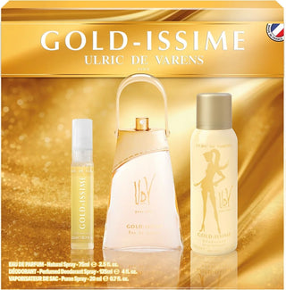 Set Ulric De Varens: Gold Issime Eau De Parfum for women 75 ml + Gold Issime Eau De Parfum for women 20 ml + Gold Issime deodorant spray for women 125 ml 