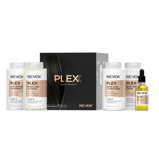 Conjunto Revox B77: Plex Bond Passo 3 Tratamento Creme Cabelo Anti-Quebra 260 ml + Plex Bond Passo 4 Champô 260 ml + Plex Bond Passo 5 Condicionador 260 ml + Plex Bond Passo 6 260 ml + Plex Bond Passo 7 30 ml 