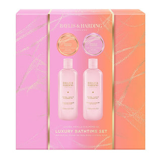 Baylis & Harding Set de baño con aceite de jojoba, vainilla y almendras, paquete regalo de 4 piezas 