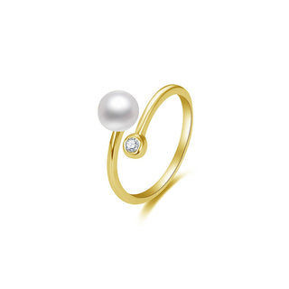 Beneto Anillo Abierto Chapado en Oro Con Perla Auténtica y Circonita Agg469P-G 