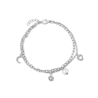 Jwl Luxury Pearls Pulsera doble de plata de ley con colgantes y perla auténtica Jl0802 