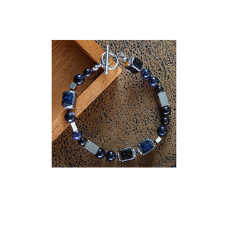 Lampglas Pulsera de hombre Star Dust con perlas únicas de cristal de Murano y piedra azul dorada Bfm15 - Longitud: 23 Cm 