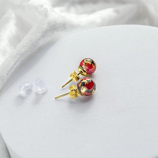 Lampglas Pendientes de botón color bermellón con perlas en oro de 24K y Lampglas Enm2/Ag/Poz-Pu 