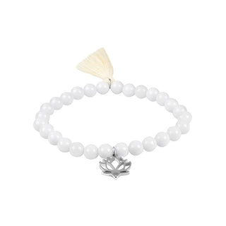 Troli Bracciale Perline Agata Bianca Fiore Di Loto Nappa 20 cm — Bracciale