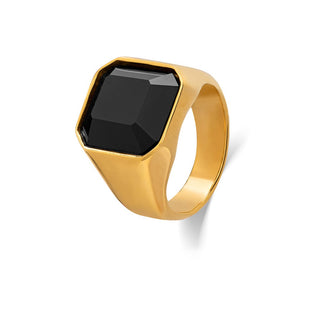 Troli Massiver goldfarbener Ring mit schwarzem Kristall - Umfang: 59 Mm 