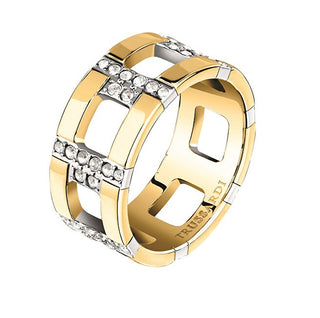 Trussardi Anello Distintivo Placcato Oro Con Zirconi T-Logo Tjaxc38 Circuito 58 Mm — Anello