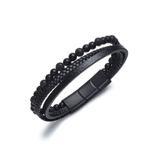 Diverse Bracciale in pelle nera con perline da uomo B1G00212 — Bracciale