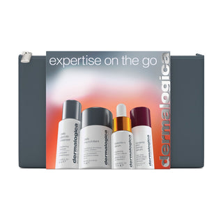 Dermalogica Expertise On The Go Set Complete Skincare with Glycolic Cleansing Gel, Microfoliant Powder, Biolumina-C Serum and Anti-Wrinkle Retinol 