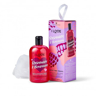 Satz I Love: Feuchtigkeitsspendendes Duschgel mit Himbeere und Brombeere für alle Hauttypen 500 ml + Körperschwamm