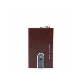 Piquadro Blue Square Mahogany Leather Card Holder with Sliding System and Zipper Coin Pocket for Men 