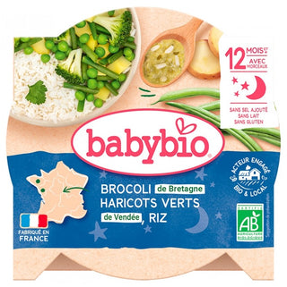 Babybio Večeře na talíři - 12 měsíců a více - Brokolice, zelené fazolky, rýže - BIO 230G 