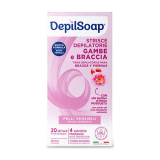 Depilsoap 다리 및 팔 제모 스트립 20매 + 제모 후 민감성 피부용 물티슈 4매 