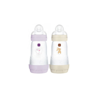 MAM Easy Start Anti-Colic Baby Bottle 2 months+ - Medium Flow - Lilac "Feline" + Sand "Fox" 2x260ml Lotto × 2 