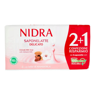 Nidra アーモンドミルク入りのデリケートな牛乳石鹸 2 個と 1 個 90 グラム。