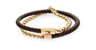 Tommy Hilfiger Bracciale Doppio In Pelle E Acciaio Placcato Oro 2790563