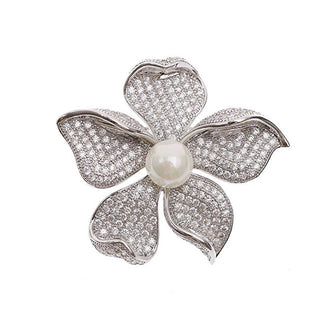 Troli Elegante Broche avec perle artificielle et cristaux argentés 