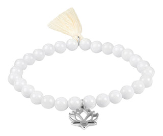 Troli Bracciale Con Perline Di Agata Bianca, Fiore Di Loto E Nappa - Lunghezza: 17 Cm