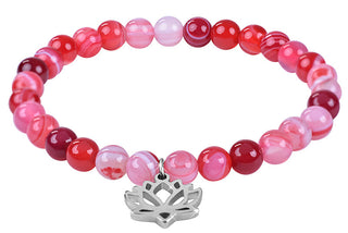 Troli Bracciale Di Perline Di Agata Rosa Con Fiore Di Loto - Lunghezza: 20 Cm