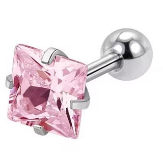 Troli Steel piercing Orecchino con pink crystal Square