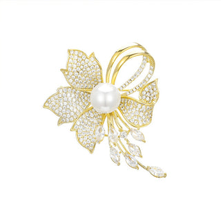 Troli Glittering flower Spilla con faux pearl Gold
