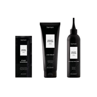 Unamy System Liss Set Kemon: Start, Shampoo per capelli, 20 ml + Crema Liss, Maschera crema trattamento capelli, 250 ml + Neutralizzante Liss, Maschera lozione trattamento capelli, 250 ml
