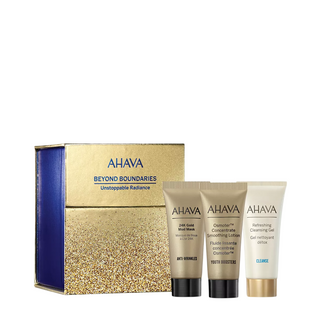 Set Radianza Inarrestabile Ahava: Osmoter Concentrato, Levigante, Lozione, Per Il Viso, 15 ml + Rinfrescante, Elimina Impurità, Gel Detergente, Per Il Viso, 15 ml + Oro Minerale 24K, Antirughe, Maschera Di Fango, Per Il Viso, 15 ml + Custodia in Tessuto G