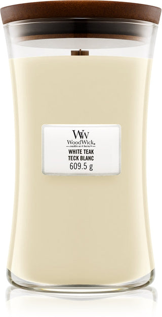 Woodwick White Teak candela profumata con stoppino in legno 609,5 g