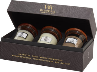 Woodwick Mini Jar Set regalo - Fireside, White Teak, Sand & Driftwood 3 x 85 g