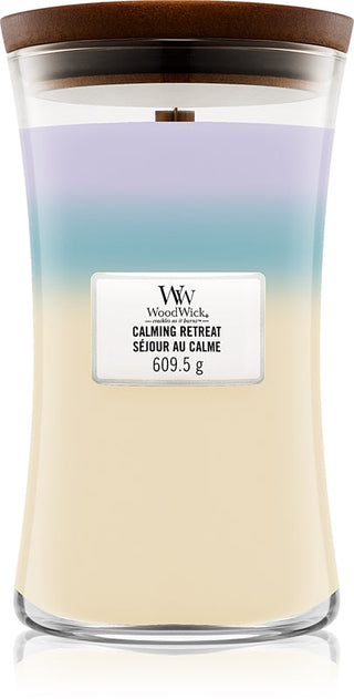 Woodwick Trilogy Calming Retreat candela profumata con stoppino in legno 609.5 g