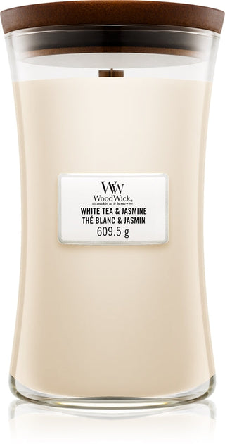 Woodwick White Tea & Jasmine candela profumata con stoppino in legno 609.5 g