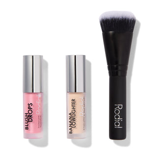 Set Natale 2024 Rodial: Blush Drops Radiant Finish Blush liquido Frosted Pink 15 ml + Banana Lowlighter Illuminante Illuminante liquido Per il viso 16 ml + The Buffing Mini Pennello per fondotinta n. 10